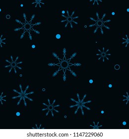 Snowflakes decorated with circles and dots. Vector winter design on black background. Christmas and New Year theme. Happy smiling violet and blue snowflakes seamless pattern.