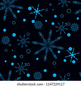 Snowflakes decorated with circles and dots. Vector winter design on black background. Christmas and New Year theme. Happy smiling violet and blue snowflakes seamless pattern.