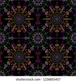 Snowflakes decorated with circles and dots. Vector winter design on black background. Happy smiling brown, green and violet snowflakes seamless pattern. Christmas and New Year theme.