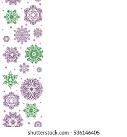Snowflakes decorated with circles and dots. Vector winter design on white background. Christmas and New Year theme. Happy smiling purple, green and pink snowflakes seamless pattern.
