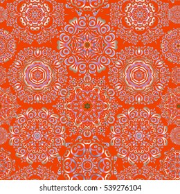 Snowflakes decorated with circles and dots. Vector winter design on a orange background. Christmas and New Year theme. Happy smiling snowflakes seamless pattern.