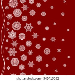 Snowflakes decorated with circles and dots. Vector winter design on a red background. Happy smiling snowflakes seamless pattern. Christmas and New Year theme.