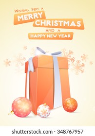 Snowflakes decorated Flyer, Banner or Pamphlet with glossy gift and Xmas Balls for Merry Christmas and Happy New Year celebrations.