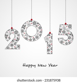 Snowflakes decorated hanging text 2015 for Happy New year celebrations on grey background.