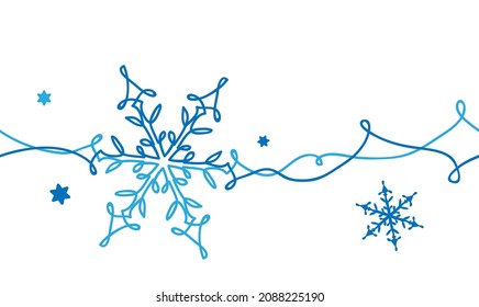 Snowflakes decorative vector border for Christmas and New Year celebration. One line art design of snowflakes in blue and white colors. Continuous line drawing.