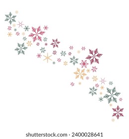 Snowflakes design element, Christmas clip art vector, winter scene of falling snow in windy swirling pattern, red green and gold colors