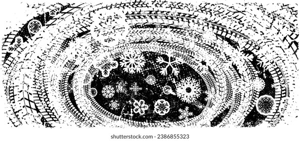 snowflakes. Design Element . Winter car tread silhouette . Mud splash grunge texture with tyre track . Drift show