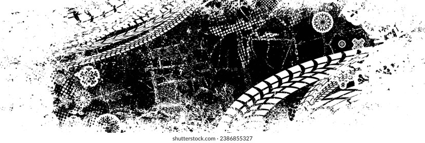 snowflakes. Design Element . Winter car tread silhouette . Mud splash grunge texture with tyre track . Drift show