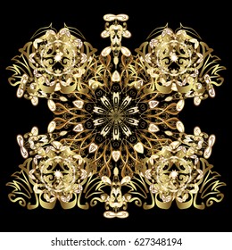 Snowflakes design on black background in black colors. Golden elements. Abstract with Floral Elements. Vector winter pattern.