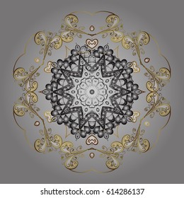Snowflakes design on gray background in colors. Vector winter pattern. Abstract with Floral Elements. Golden elements.