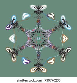 Snowflakes design. Retro style texture, pattern winter elements. Modern abstract design poster, cover, card design in green, gray, white colors. Trendy stylized snowflakes and elements memphis cards.