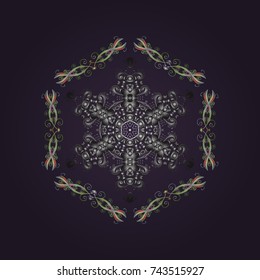 Snowflakes design. Retro style texture abstract winter elements. Modern abstract design poster, cover, card design in violet, gray and green colors. Trendy stylized snowflakes, elements memphis cards.