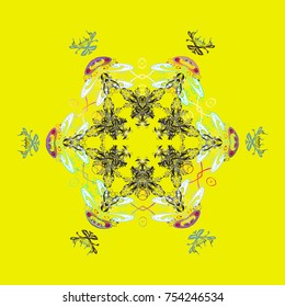 Snowflakes design. Superb design poster, cover, card design in yellow, gray and neutral colors. Trendy stylized snowflakes and elements memphis cards. Retro style texture, abstract winter elements.