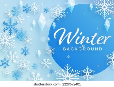 Snowflakes design for winter with snowflakes paper cut style on color background. 