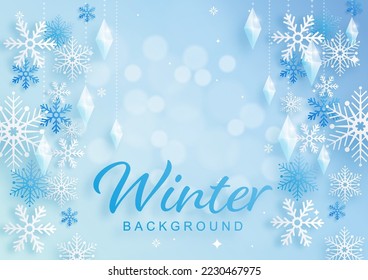 Snowflakes design for winter with snowflakes paper cut style on color background. 