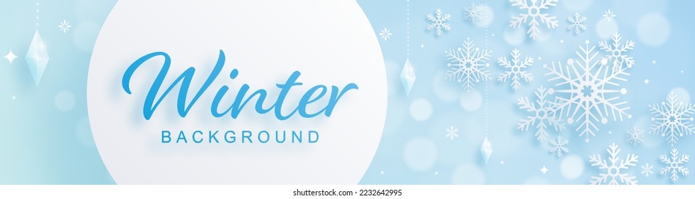 Snowflakes design for winter with snowflakes paper cut style on color background. 
