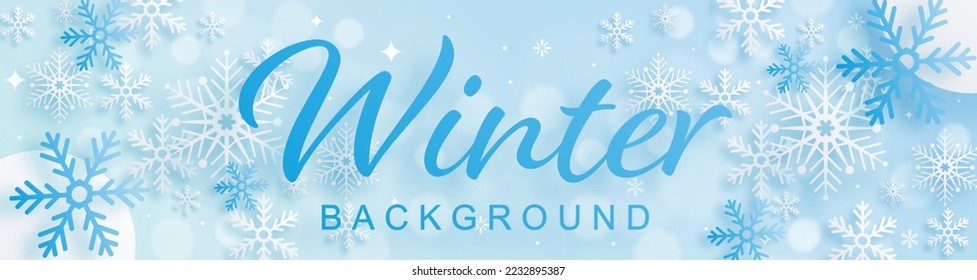 Snowflakes design for winter with snowflakes paper cut style on color background. 