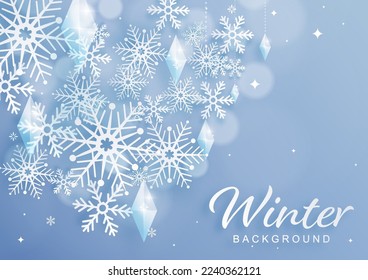 Diseño de copos de nieve para el invierno con copos de nieve, estilo de corte de papel sobre fondo de color. 