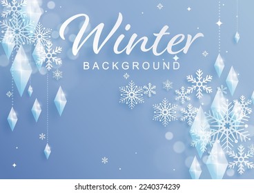 Diseño de copos de nieve para el invierno con copos de nieve, estilo de corte de papel sobre fondo de color. 