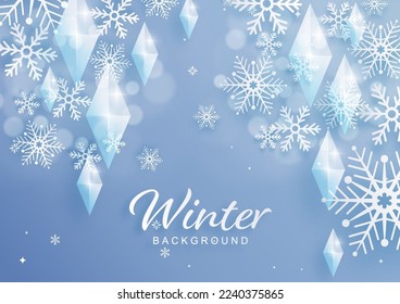 Snowflakes design for winter with snowflakes paper cut style on color background. 