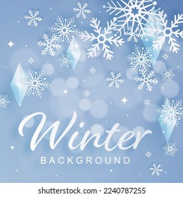 Snowflakes design for winter with snowflakes paper cut style on color background. 