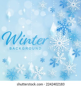 Snowflakes design for winter with snowflakes paper cut style on color background. 