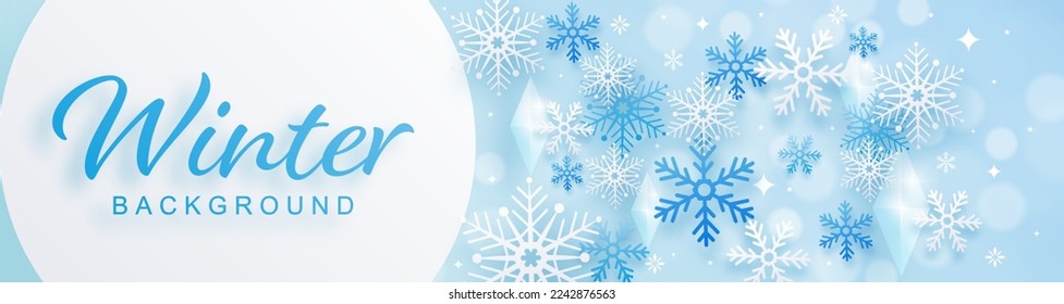 Snowflakes design for winter with snowflakes paper cut style on color background. 