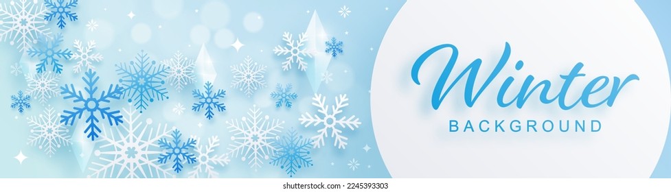 Snowflakes design for winter with snowflakes paper cut style on color background. 