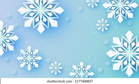 Snowflakes design for winter with place text space. Abstract Paper Craft Snowflakes background. greeting card for winter. paper art design. vector, illustration.