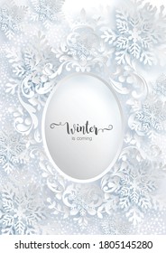 Snowflakes design for winter with place text space. Snowflakes background patterned paper cut art and craft style on paper color background.