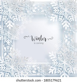 Snowflakes design for winter with place text space. Snowflakes background patterned paper cut art and craft style on paper color background.