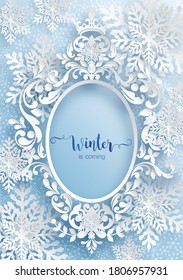 Diseño de copos de nieve para el invierno con espacio de texto. Copos de nieve fondo de papel con motivos recortado arte y estilo artesanal sobre fondo de color de papel.