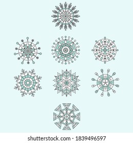 Snowflakes design winter set. 8 unique vector items on blue background. For christmas postcard, fabric, wrapping paper, decor