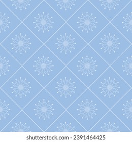 Snowflakes in diamonds pattern. Seamless pattern with the image of snowflakes arranged in geometric shapes. Winter Christmas snow pattern on a blue background. Vector