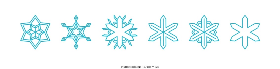 Schneeflocken verschiedener Formen, einzeln auf transparentem Hintergrund. Linienzeichnung. Handgezeichnete Vektorgrafik, bearbeitbarer Strich. Saisonales Winterdesign Element, fallender Schnee Clip Art Set