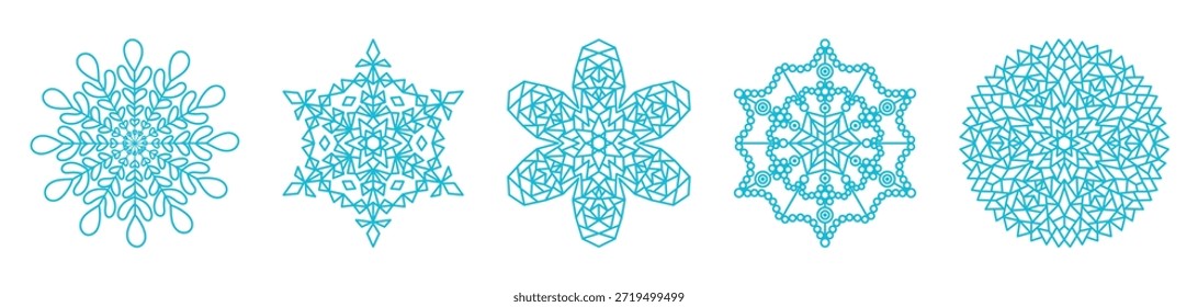 Snowflakes of different shapes collection, isolated on transparent background. Line drawing. Hand drawn vector illustration, editable stroke. Seasonal winter design element, falling snow clip art set
