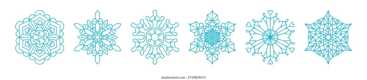Copos de nieve de colección de diferentes Formas, aislados sobre fondo transparente. Dibujo de líneas. Ilustración vectorial dibujada a mano, trazo editable. Elemento de diseño de invierno estacional, conjunto de arte de Clip de nieve caída
