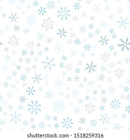 Snowflakes in different shapes and forms. Merry Christmas and New Year seamless vector pattern. Colorful background for Xmas.