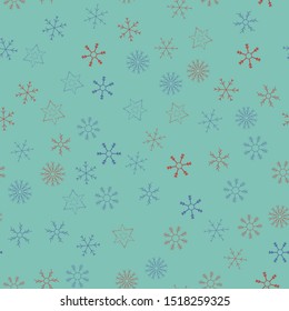 Snowflakes in different shapes and forms. Merry Christmas and New Year seamless vector pattern. Colorful background for Xmas.