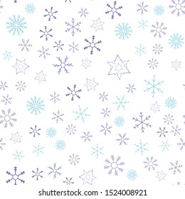 Schneeflocken in verschiedenen Formen und Formen. Frohe Weihnachten und Neujahr nahtlose Vektorillustration Muster. Farbiger Hintergrund für Weihnachten.