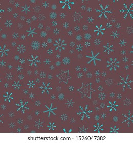 Snowflakes in different shapes and forms. Merry Christmas and New Year seamless vector pattern. Colorful background for Xmas.