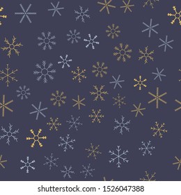 Snowflakes in different shapes and forms. Merry Christmas and New Year seamless vector pattern. Colorful background for Xmas.
