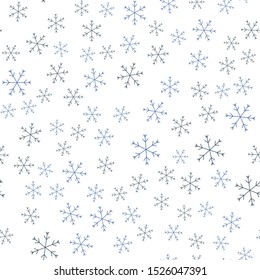 Snowflakes in different shapes and forms. Merry Christmas and New Year seamless vector pattern. Colorful background for Xmas.