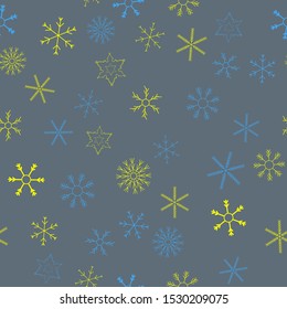Snowflakes in different shapes and forms. Merry Christmas and New Year seamless vector pattern. Colorful background for Xmas.