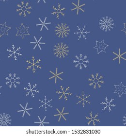 Snowflakes in different shapes and forms. Merry Christmas and New Year seamless vector pattern. Colorful background for Xmas.