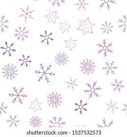 Snowflakes in different shapes and forms. Merry Christmas and New Year seamless vector pattern. Colorful background for Xmas
