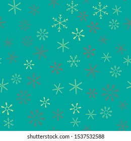 Snowflakes in different shapes and forms. Merry Christmas and New Year seamless vector pattern. Colorful background for Xmas