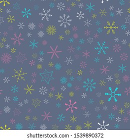 Snowflakes in different shapes and forms. Merry Christmas and New Year seamless vector pattern. Colorful background for Xmas.
