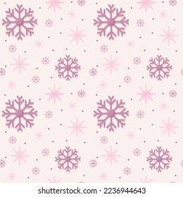 Snowflakes of different shapes. Seamless winter pattern. Pink trendy color palette. Vector Christmas design.