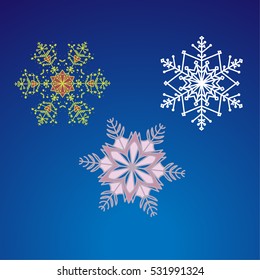 Snowflakes of different styles on a blue background.